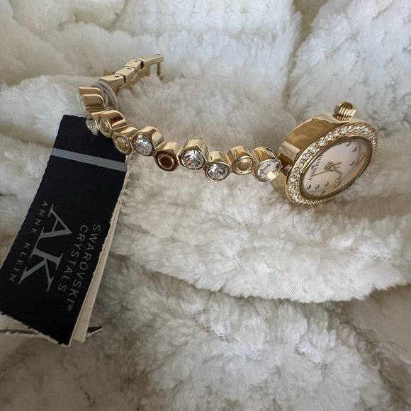 Anne Klein Women Gold Oval Swarovski Crystal Watch Mother of Pearl Dial Bracelet - Picture 4 of 13
